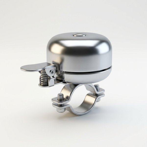 Soft-lit 3D render of a chrome classic bicycle bell on a plain white background