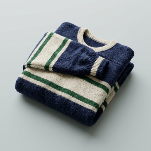 Soft-lit 3D render of a folded vintage wool team jersey on a pale grey background