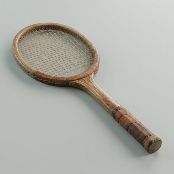 Soft-lit 3D render of a vintage wooden tennis racket on a pale grey background